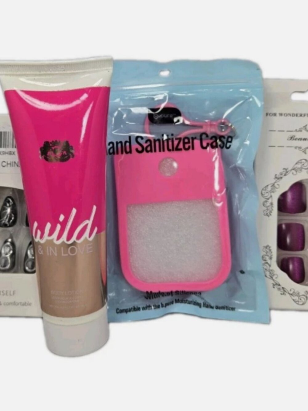 LOT Beauty B.Pure Pink Hand Sanitizer Case Fake Nails Wild & in Love Lotion